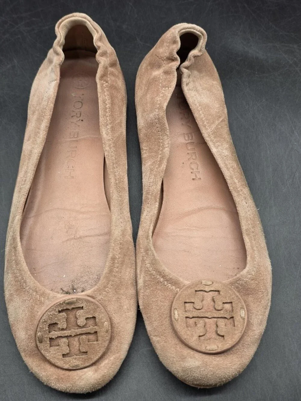 Tory Burch Shoes Womens 9 Pink Minnie Travel Suede Ballet Flats Logo Medallion
